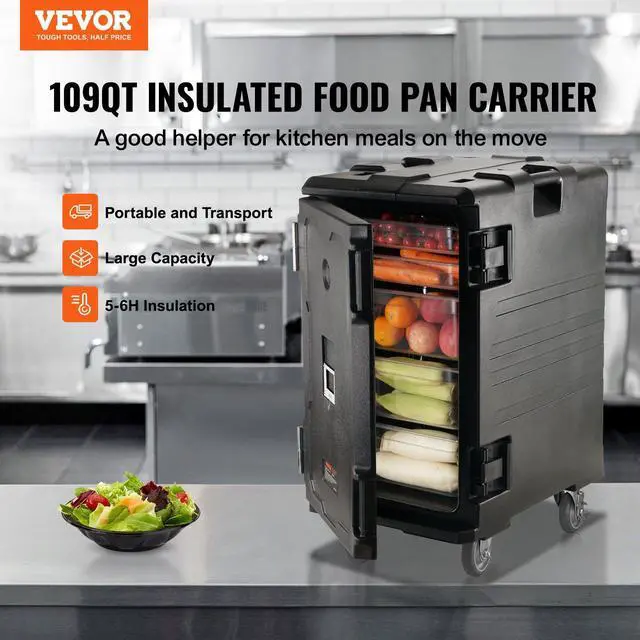 Alt view image 7 of 7 - Insulated Food Pan Carrier, 109 Qt Hot Box for Catering, LLDPE Food Box Carrier w/Double Buckles, Front Loading Food Warmer w/Handles, End Loader w/Wheels for Restaurant, Canteen, etc. Black