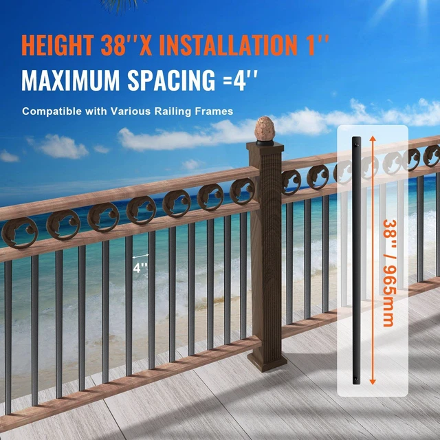 Alt view image 3 of 7 - Staircase Metal Balusters, 38'' x 1'' Flat Aluminum Alloy Decorative Banister Spindles, 72 Pack Deck Baluster with Screws, Classic Hollow Deck Railing Satin Black Powder Coated for Porch