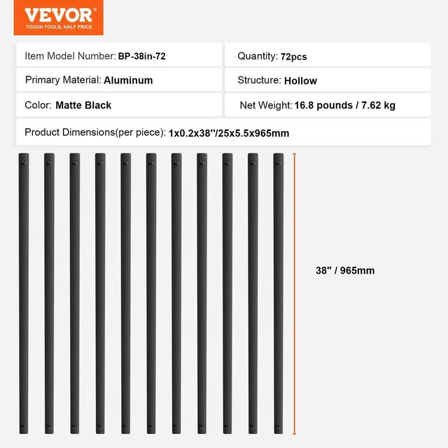 Alt view image 6 of 7 - Staircase Metal Balusters, 38'' x 1'' Flat Aluminum Alloy Decorative Banister Spindles, 72 Pack Deck Baluster with Screws, Classic Hollow Deck Railing Satin Black Powder Coated for Porch