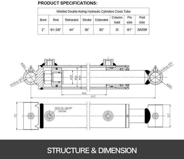 Alt view image 7 of 7 - Hydraulic Cylinder 2" Bore 36" Stroke Hydraulic Ram Cylinder 3000psi Hydraulic Cylinders Welded Double Acting Cross Tube SAE6 Port Hydraulic Lifting Cylinder (2 X 36)
