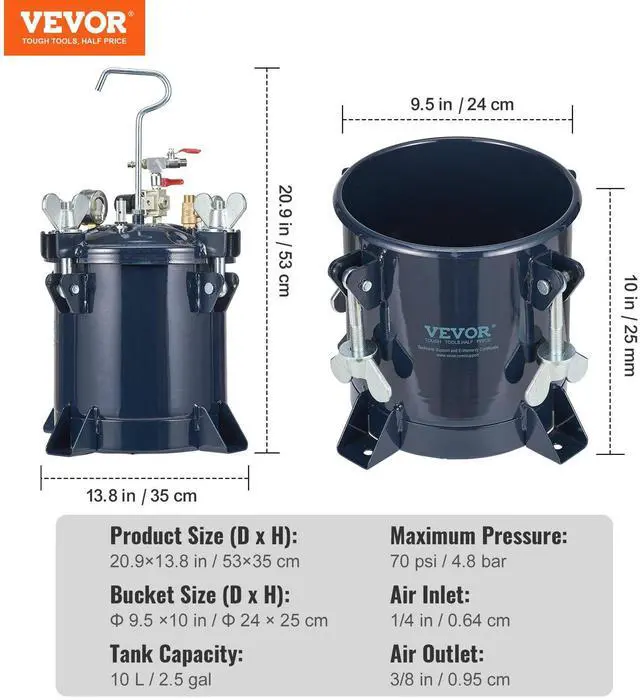 Alt view image 4 of 7 - 10L/2.5gal Spray Paint Pressure Pot Tank, 70PSI Max Air Paint Pressure Pot, Metal Rack and Leak Repair Sealant for Industry Home Decor Architecture Construction Automotive Painting