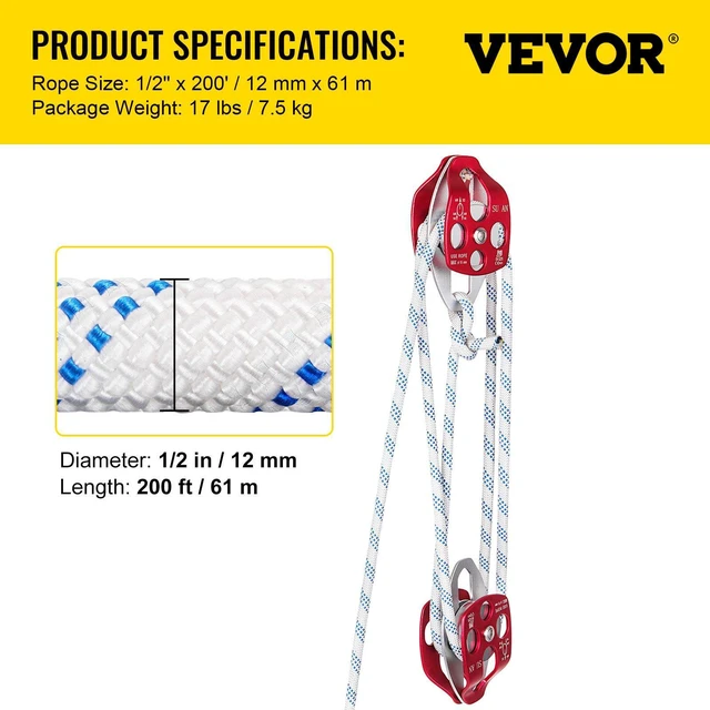 Alt view image 2 of 7 - Twin Sheave Block and Tackle 1/2" x 200Ft Twin Sheave Block with Braid Rope 30-35KN 6600-7705LBS Double Pulley Rigging