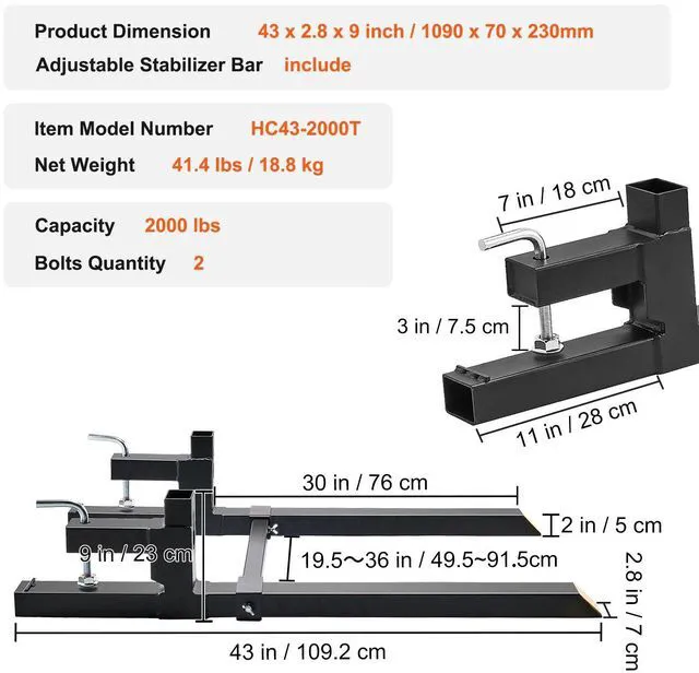 Alt view image 4 of 7 - Pallet Forks, 2000 lbs Clamp on Pallet Forks, 43" Total Length Tractor Bucket Forks with Adjustable Stabilizer bar, Heavy Duty Pallet Forks for Tractor Attachments, Skid Steer, Loader Bucket