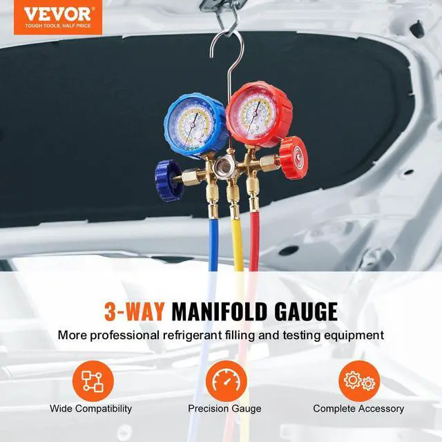 Alt view image 3 of 7 - AC Gauge Set - 3 Way AC Manifold Gauge Set for R134A R22 R12 R502 Refrigerant, Freon Gauges with 5ft Hoses, Couplers, Can Tap Works on Car Auto Freon Charging and Evacuation