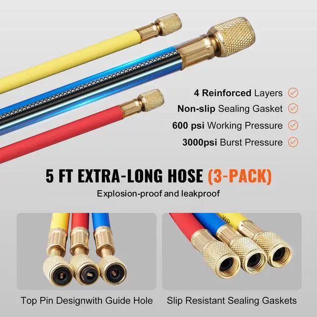 Alt view image 4 of 7 - AC Gauge Set - 3 Way AC Manifold Gauge Set for R134A R22 R12 R502 Refrigerant, Freon Gauges with 5ft Hoses, Couplers, Can Tap Works on Car Auto Freon Charging and Evacuation