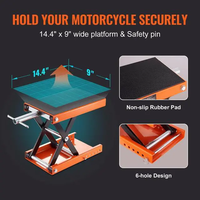 Alt view image 3 of 7 - Motorcycle Lift, 1100 LBS Motorcycle Scissor Lift Jack with Wide Deck & Safety Pin, 3.7"-13.8" Center Hoist Crank Stand, Steel Scissor Jack for Street Bikes, Cruiser Bikes, Touring Motorcycles