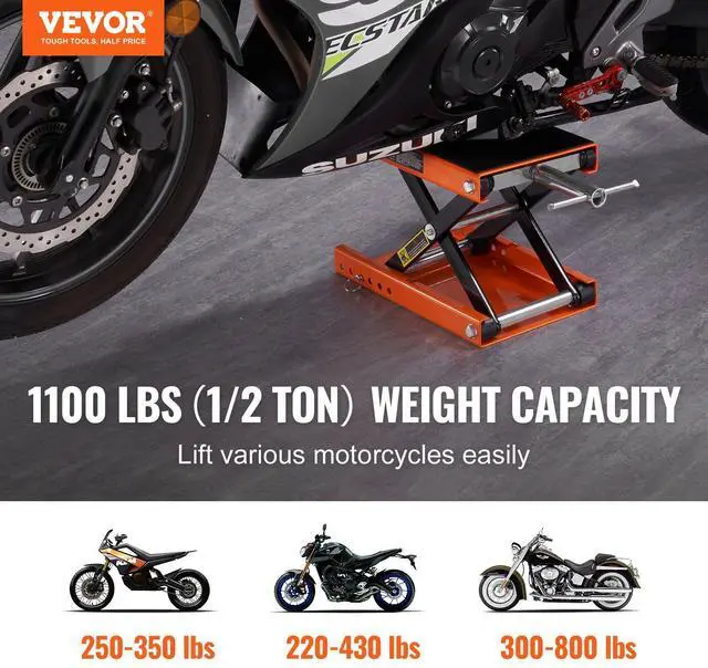 Alt view image 4 of 7 - Motorcycle Lift, 1100 LBS Motorcycle Scissor Lift Jack with Wide Deck & Safety Pin, 3.7"-13.8" Center Hoist Crank Stand, Steel Scissor Jack for Street Bikes, Cruiser Bikes, Touring Motorcycles