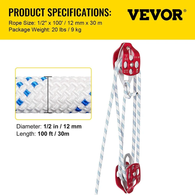 Alt view image 5 of 6 - Twin Sheave Block and Tackle 1/2" x 100Ft Twin Sheave Block with Braid Rope 30-35KN 6600-7705LBS Double Pulley Rigging
