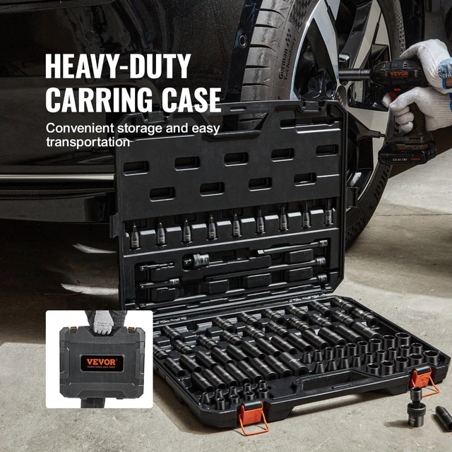 Alt view image 2 of 7 - 3/8" Drive Impact Socket Set, SAE 1/4"-3/4" and Metric 6-19mm 90 Piece Socket Set, 6 Point Cr-Mo Alloy Steel for Auto Repair, Includes Extension Bars Universal Joint Adapter Lock Storage Case