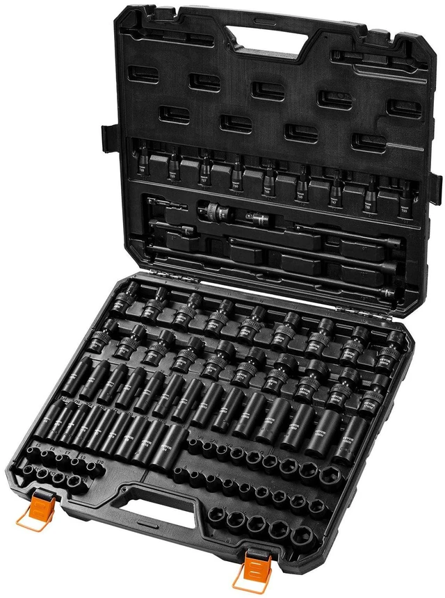 Alt view image 3 of 7 - 3/8" Drive Impact Socket Set, SAE 1/4"-3/4" and Metric 6-19mm 90 Piece Socket Set, 6 Point Cr-Mo Alloy Steel for Auto Repair, Includes Extension Bars Universal Joint Adapter Lock Storage Case