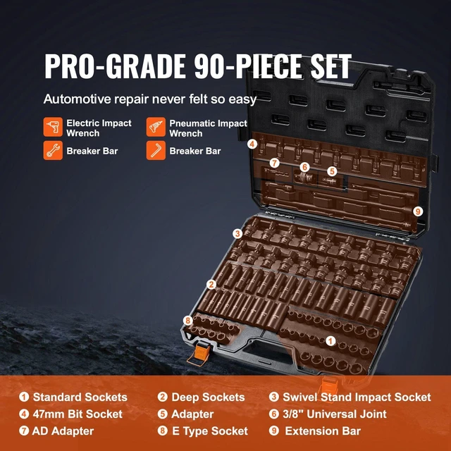 Alt view image 6 of 7 - 3/8" Drive Impact Socket Set, SAE 1/4"-3/4" and Metric 6-19mm 90 Piece Socket Set, 6 Point Cr-Mo Alloy Steel for Auto Repair, Includes Extension Bars Universal Joint Adapter Lock Storage Case