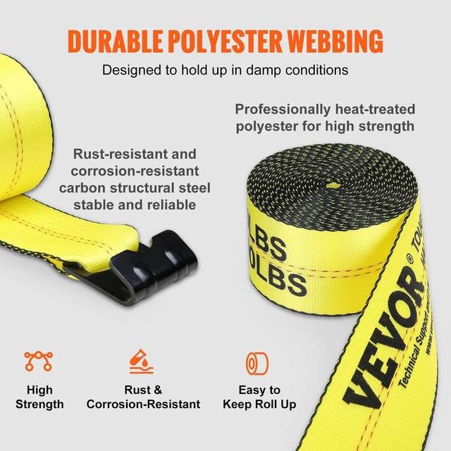 Alt view image 7 of 7 - Winch Straps, 4" x 30', 6000 lbs Load Capacity, 18000 lbs Break Strength, Truck Straps with Flat Hook, Flatbed Tie Downs Cargo Control for Trailers, Farms, Rescues, Tree Saver, Yellow (10 Pack)