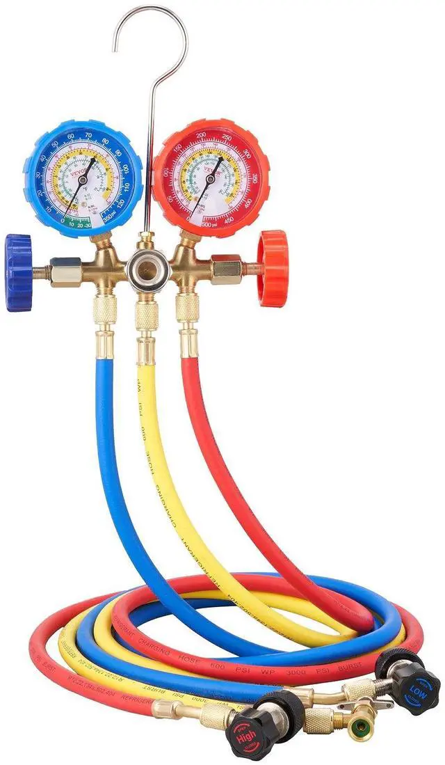 Main image of AC Gauge Set - 3 Way AC Manifold Gauge Set for R134A R22 R12 R502 Refrigerant, Freon Gauges with 5ft Hoses, Couplers, Can Tap Works on Car Auto Freon Charging and Evacuation