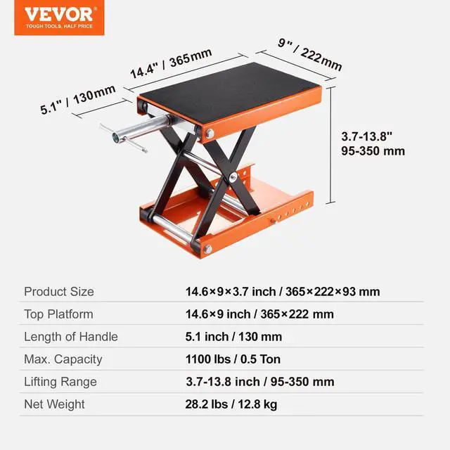Alt view image 6 of 7 - Motorcycle Lift, 1100 LBS Motorcycle Scissor Lift Jack with Wide Deck & Safety Pin, 3.7"-13.8" Center Hoist Crank Stand, Steel Scissor Jack for Street Bikes, Cruiser Bikes, Touring Motorcycles