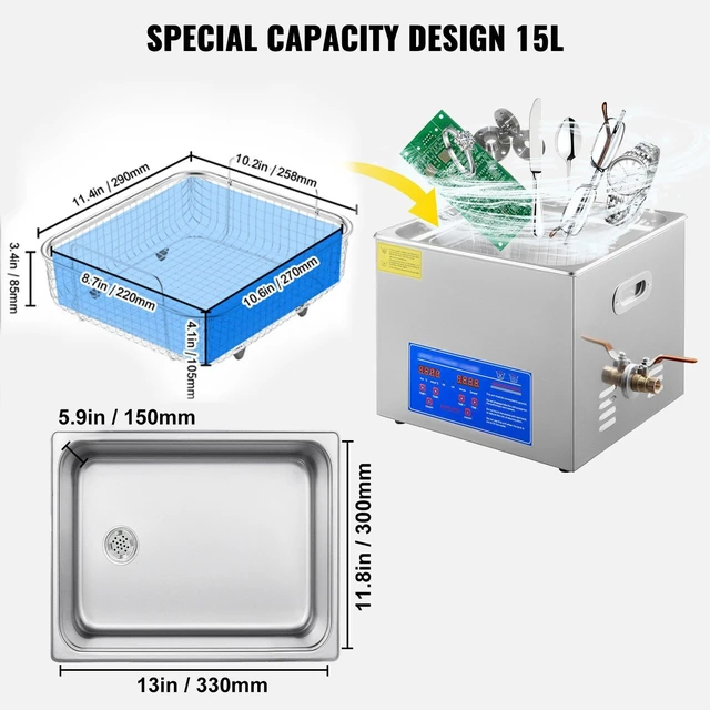 Alt view image 6 of 7 - 15L Ultrasonic Cleaner with Digital Timer&Heater Professional Ultrasonic Cleaner 40kHz Advanced Ultrasonic Cleaner 110V for Wrench Screwdriver Repairing Tools Industrial Parts Mental Cleaning