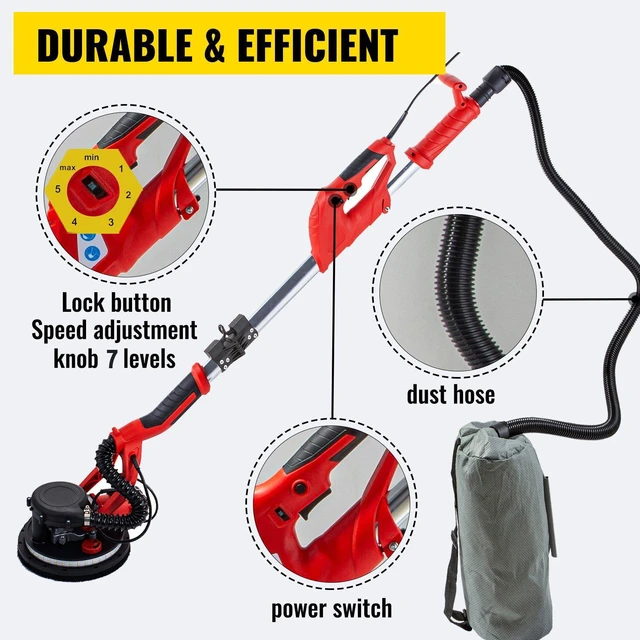 Alt view image 5 of 7 - Drywall Sander 850W, Electric Drywall Sander, Variable Speed 800-1750 RPM, Foldable Sheetrock Sander, with Telescope Handle, Electric Sander, with LED Strip Light and Vacuum Bag, Wall Sander