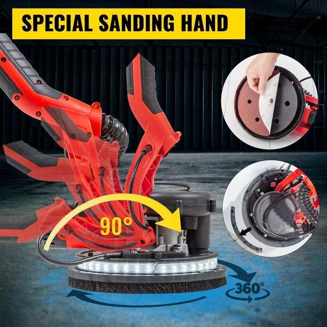 Alt view image 6 of 7 - Drywall Sander 850W, Electric Drywall Sander, Variable Speed 800-1750 RPM, Foldable Sheetrock Sander, with Telescope Handle, Electric Sander, with LED Strip Light and Vacuum Bag, Wall Sander