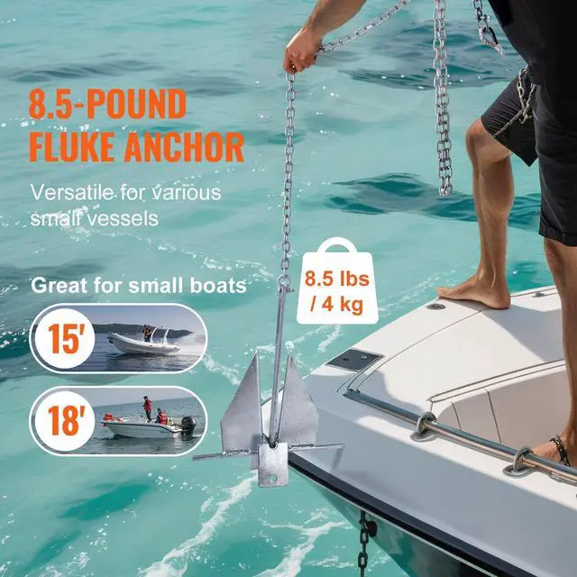 Alt view image 2 of 7 - Fluke Style Anchor Kit, 8.5 LBS Hot-Dipped Galvanized Steel Fluke Anchor with 7.9' Chain, 75' Rope and Two 0.4" Shackles, Marine Boat Anchor for Small Vessels Under 18', Seas, Rivers and Shores