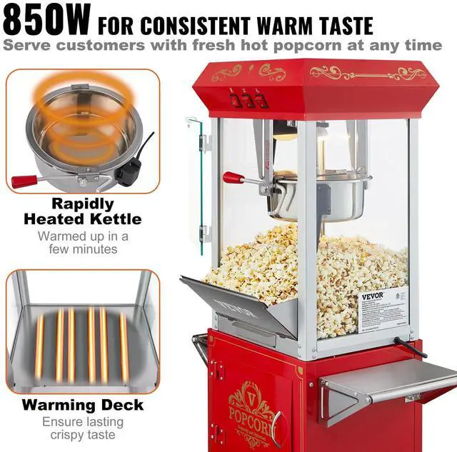 Alt view image 5 of 7 - Popcorn Popper Machine 8 Oz Popcorn Maker with Cart 850W 48 Cups Red