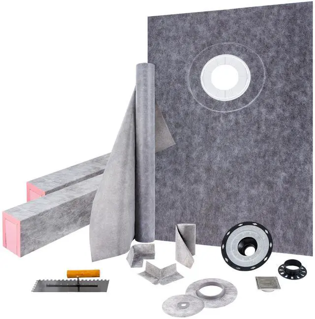 Main image of Shower Curb Kit 38" x 60" Watertight Shower Curb Overlay with 4" PVC Offset Bonding Flange, 4" Stainless Steel Grate, 2 Cuttable Shower Curb and Trowel, Shower Pan Slope Sticks Fit for Bathroom