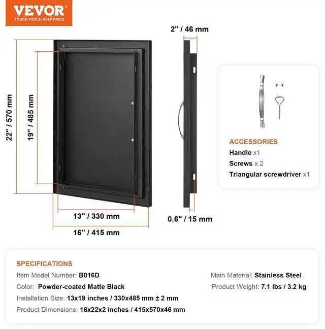 Alt view image 4 of 7 - BBQ Access Door, 16W x 22H Inch Single Outdoor Kitchen Door, Cold Plate Flush Mount Door, Wall Vertical Door with Handle, for BBQ Island, Grilling Station, Outside Cabinet