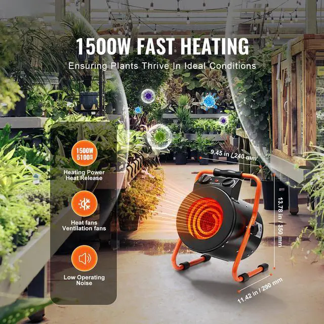 Alt view image 2 of 7 - Greenhouse Heater with Thermostat, 1500W Fast Heating with Overheat Protection, 2-Speed Setting Small Grow Tent Heater, Electric Portable Heater Fan for Green House, Flower Room, Workplace