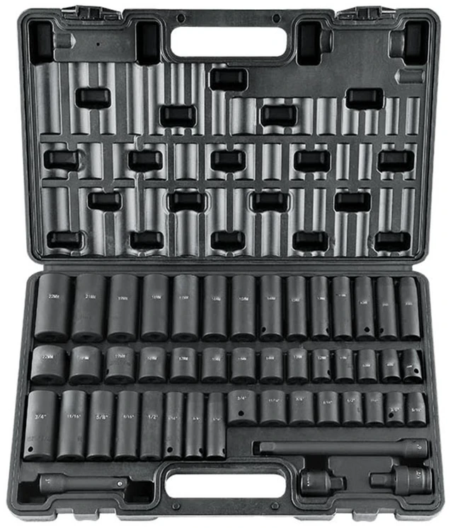 Main image of 3/8-Inch Drive Impact Set, 48-Piece Socket Set SAE (5/16" - 3/4") and Metric (8-22mm) 6-Point CR-V Drive Extension Bar Universal Joint & Drill Adapter, with Storage Case
