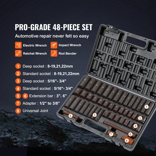 Alt view image 5 of 7 - 3/8-Inch Drive Impact Set, 48-Piece Socket Set SAE (5/16" - 3/4") and Metric (8-22mm) 6-Point CR-V Drive Extension Bar Universal Joint & Drill Adapter, with Storage Case