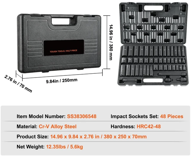 Alt view image 7 of 7 - 3/8-Inch Drive Impact Set, 48-Piece Socket Set SAE (5/16" - 3/4") and Metric (8-22mm) 6-Point CR-V Drive Extension Bar Universal Joint & Drill Adapter, with Storage Case
