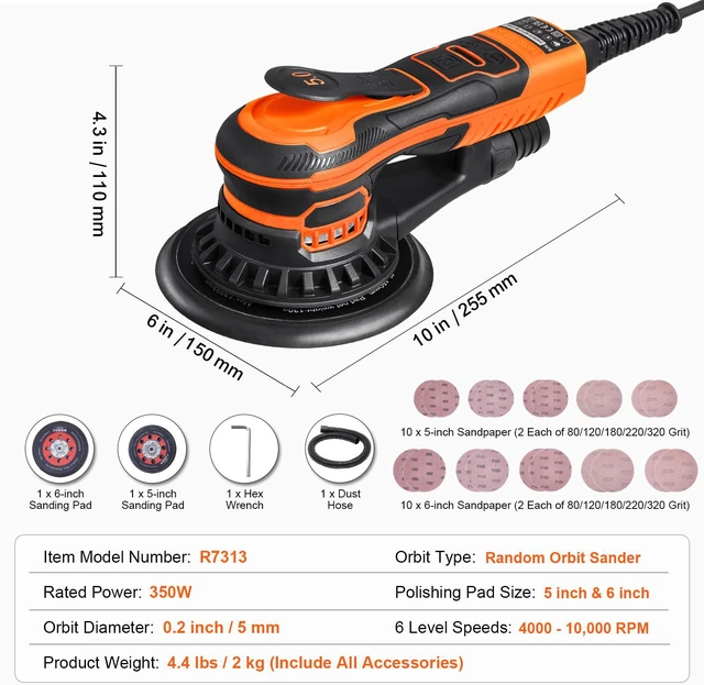 Alt view image 5 of 7 - Random Orbital Sander 5" & 6" Brushless Orbital Sander Sander 10000PRM 6 Speed