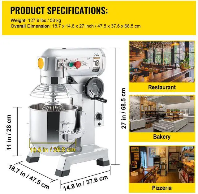 Alt view image 4 of 7 - Commercial Food Mixer, 15Qt Commercial Mixer with Timing Function, 500W Stainless Steel Bowl Heavy Duty Electric Food Mixer Commercial with 3 Speeds Adjustable 113/184/341 RPM, Dough Hook Whisk