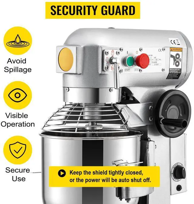 Alt view image 6 of 7 - Commercial Food Mixer, 15Qt Commercial Mixer with Timing Function, 500W Stainless Steel Bowl Heavy Duty Electric Food Mixer Commercial with 3 Speeds Adjustable 113/184/341 RPM, Dough Hook Whisk