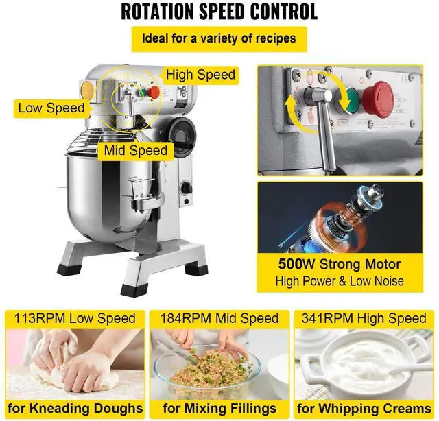Alt view image 7 of 7 - Commercial Food Mixer, 15Qt Commercial Mixer with Timing Function, 500W Stainless Steel Bowl Heavy Duty Electric Food Mixer Commercial with 3 Speeds Adjustable 113/184/341 RPM, Dough Hook Whisk