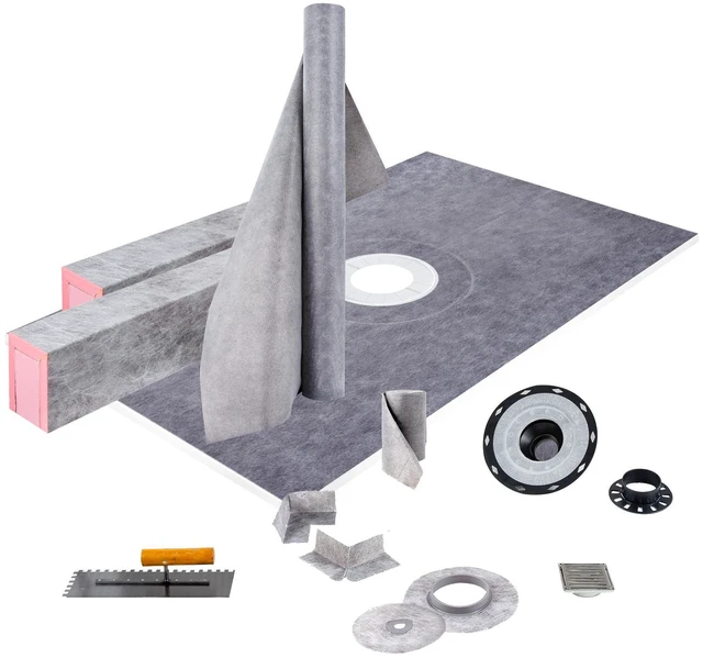 Alt view image 5 of 7 - Shower Curb Kit, 38"x60" Watertight Shower Curb Overlay with 4" PVC Central Bonding Flange, 4" Stainless Steel Grate, 2 Cuttable Shower Curb and Trowel, Shower Pan Slope Sticks Fit for Bathroom