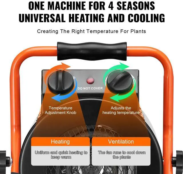 Alt view image 5 of 7 - Greenhouse Heater with Thermostat, 1500W Fast Heating with Overheat Protection, 2-Speed Setting Small Grow Tent Heater, Electric Portable Heater Fan for Green House, Flower Room, Workplace