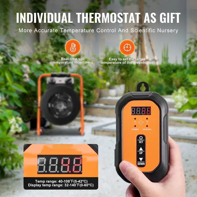 Alt view image 6 of 7 - Greenhouse Heater with Thermostat, 1500W Fast Heating with Overheat Protection, 2-Speed Setting Small Grow Tent Heater, Electric Portable Heater Fan for Green House, Flower Room, Workplace
