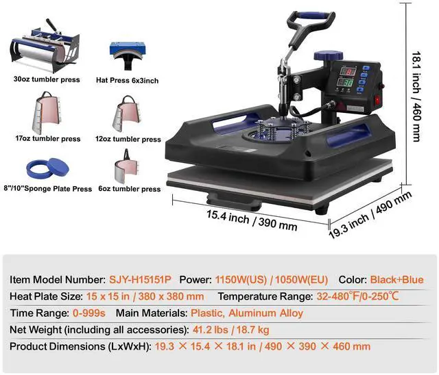 Alt view image 7 of 7 - 8 in 1 Heat Press Machine 15x15 in 30oz Tumbler Press T-Shirts Black+Blue