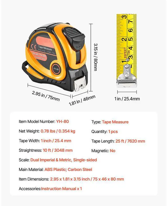 Alt view image 2 of 7 - Tape Measure 25 ft Length, Measuring Tape with Retractable, Imperial and Metric ft/m Dual-Scale & ABS Case & Easy Read Steel Measurement Tool, for Outdoor,Decoration