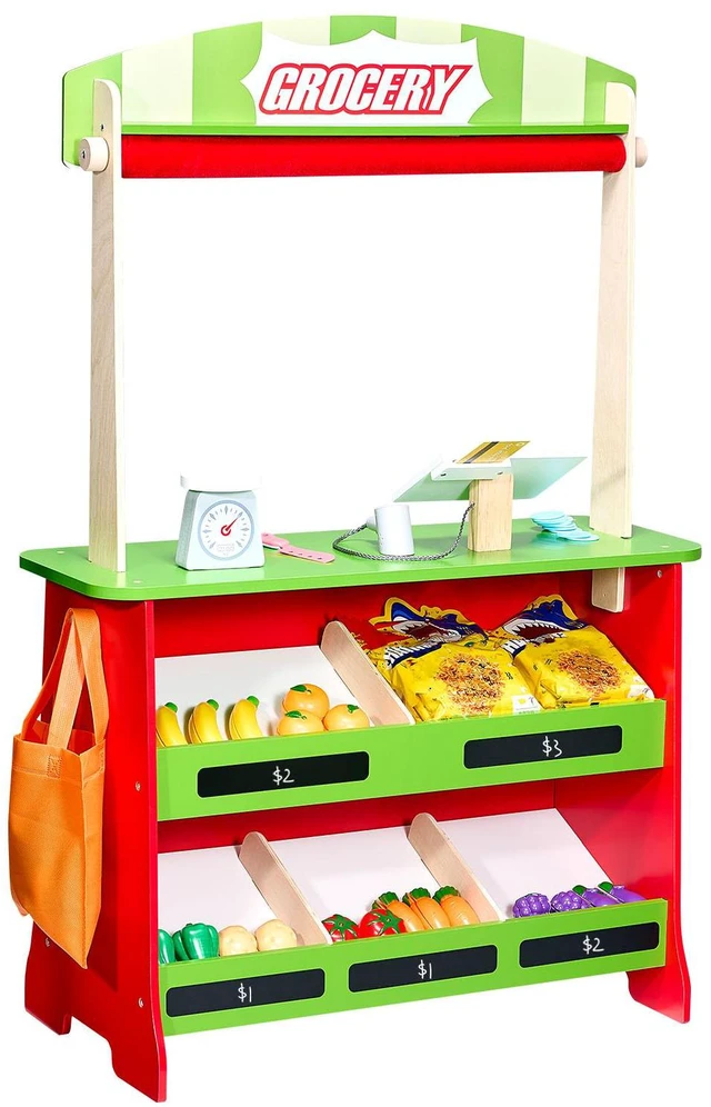Alt view image 2 of 7 - Wooden Puppet Theater 2-in-1 Reversible Play Store Kids Play Market Stand