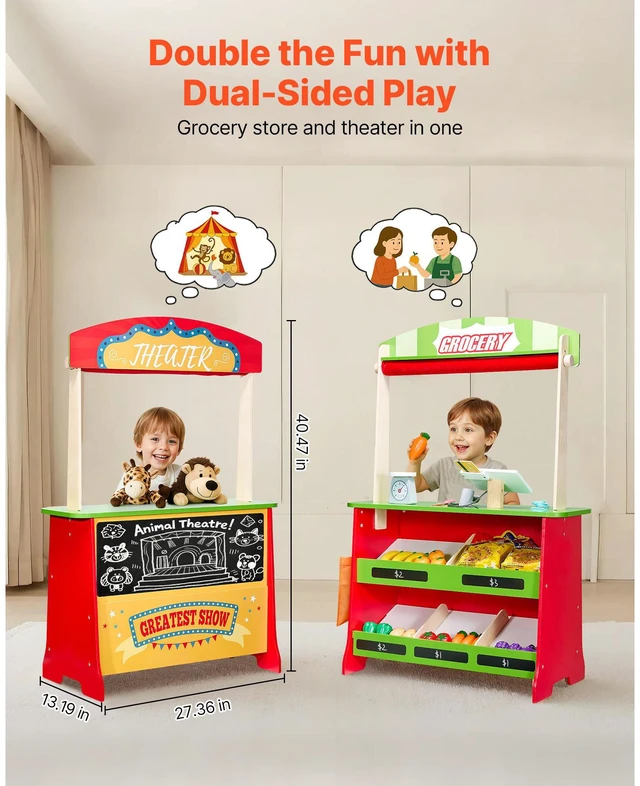 Alt view image 4 of 7 - Wooden Puppet Theater 2-in-1 Reversible Play Store Kids Play Market Stand