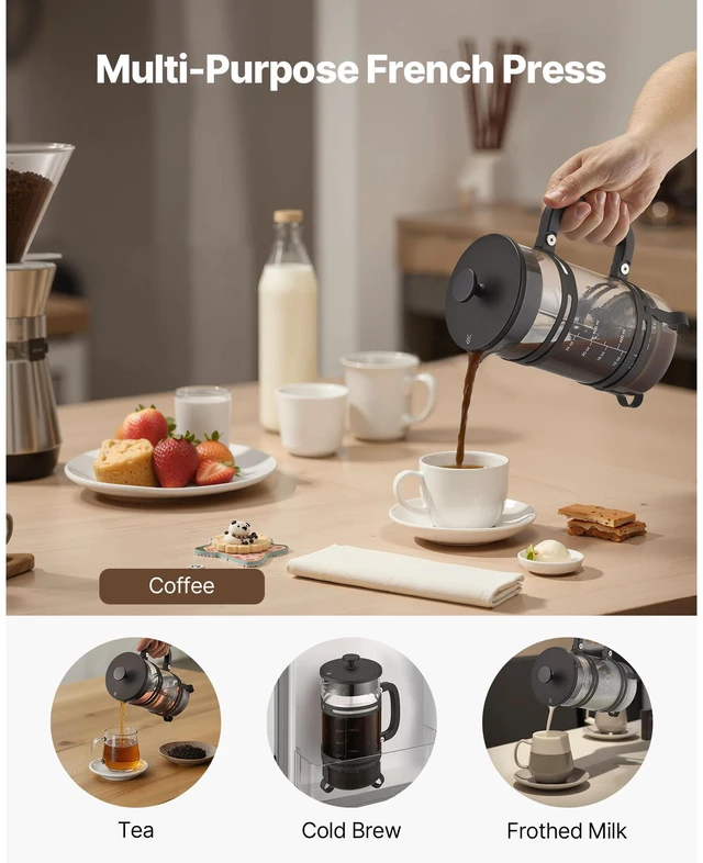 Alt view image 4 of 6 - French Press Coffee Maker 34 oz Borosilicate Glass Coffee Tea Press Silver
