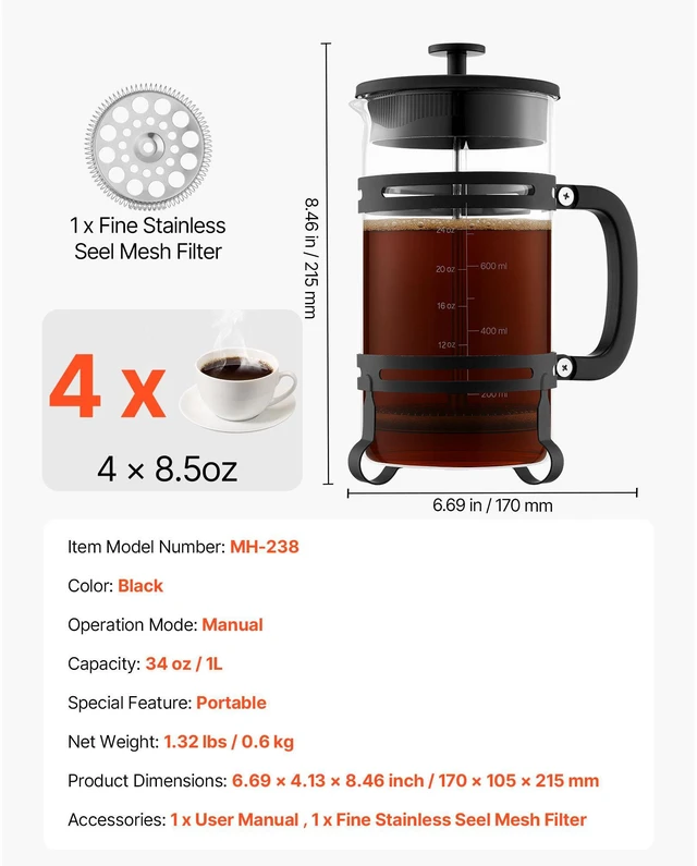 Alt view image 5 of 6 - French Press Coffee Maker 34 oz Borosilicate Glass Coffee Tea Press Silver