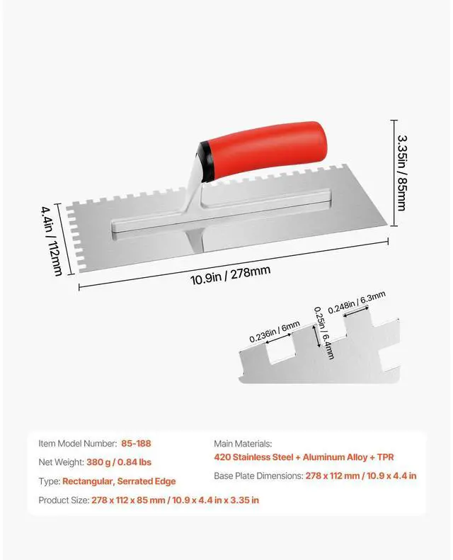 Alt view image 7 of 7 - Tile Tools Stainless Steel Squared Notch Tile Trowel 10.9x4.4in Pro Grade