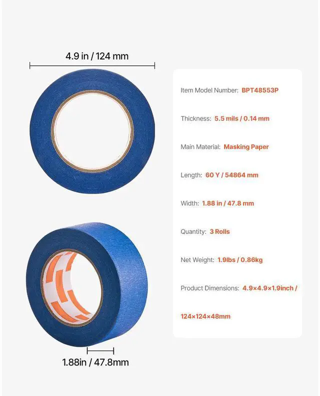 Alt view image 2 of 7 - Painters Tape 2 Inch Wide (1.88 In x 60 Yds) 3 Rolls Blue Painter Msking Tape