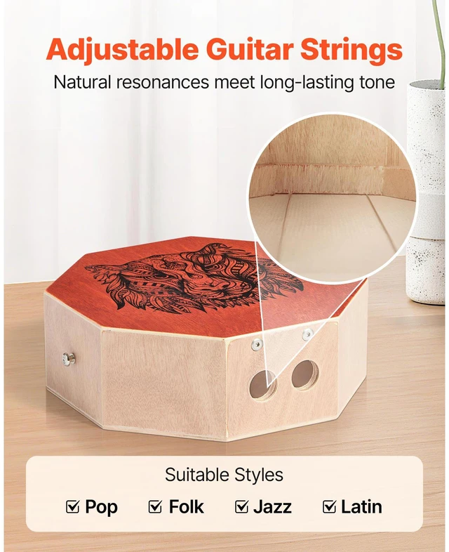 Alt view image 6 of 7 - Unique Cajon Box Drum Wood Percussion Instrument Guitar Strings Adjustable Strap