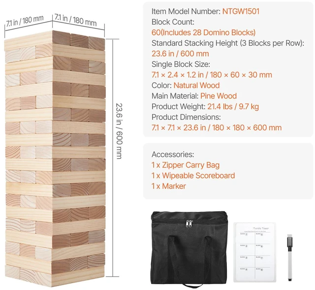 Alt view image 2 of 7 - Tumbling Timber Toy 60 Blocks Giant Tumble Tower Blocks Game Pine Wood Bag