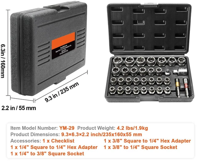 Alt view image 2 of 7 - Bolt Extractor Set, 29-Piece Bolt and Nut Remover Set, 6mm to 10mm, 13/32" to 3/4", CR-MO Steel Extraction Socket Set with Storage Case, for Removing Damaged Rusted Bolts, Nuts and Screws