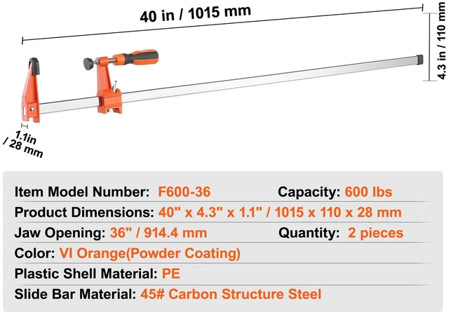 Alt view image 6 of 7 - Bar Clamps for Woodworking, 2-Pack 36" Clamp/Spreader, Quick-Change F Clamp with 600 lbs Load Limit, 2.5" Throat Depth, Cast Iron and Carbon Steel, Wood Clamps for Woodworking Metal Working