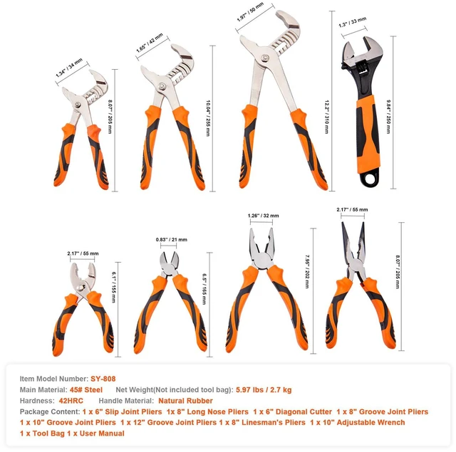 Alt view image 3 of 7 - 8-Piece Pliers Set, High Carbon Steel, 12"/10"/8" Groove Joint Pliers, 8" Linesman's Pliers, 6" Slip Joint Pliers, 8" Long Nose Pliers, 6" Diagonal Cutter, 10" Adjustable Wrench, and Tool Bag