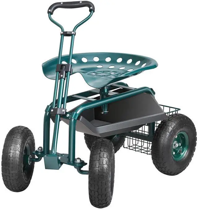 Alt view image 3 of 7 - Garden Cart Rolling Workseat with Wheels, Gardening Stool for Planting, 360 Degree Swivel Seat, Wagon Scooter with Steering Handle & Utility Tool Tray, Use for Patio, Yard, and Outdoors, Green